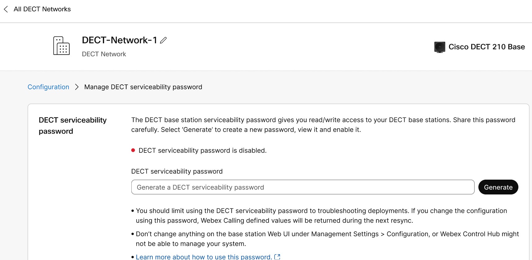 Generate DECT serviceability password