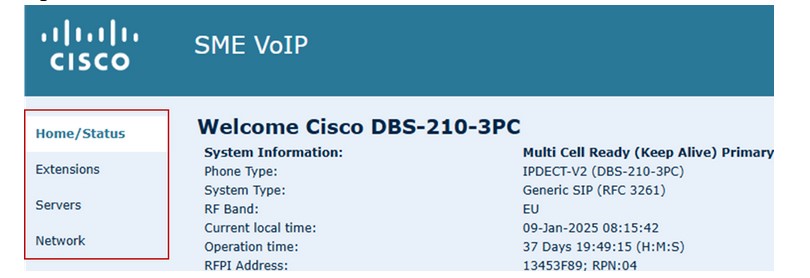 DECT base Admin Web user interface