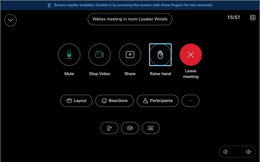 Call controls on a Room Navigator with screen reader in use