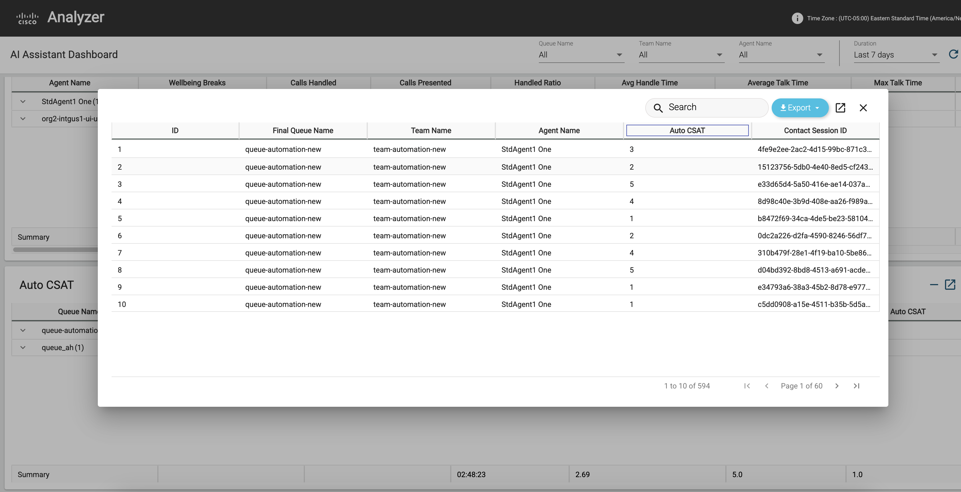 Screenshot displaying the Auto CSAT report