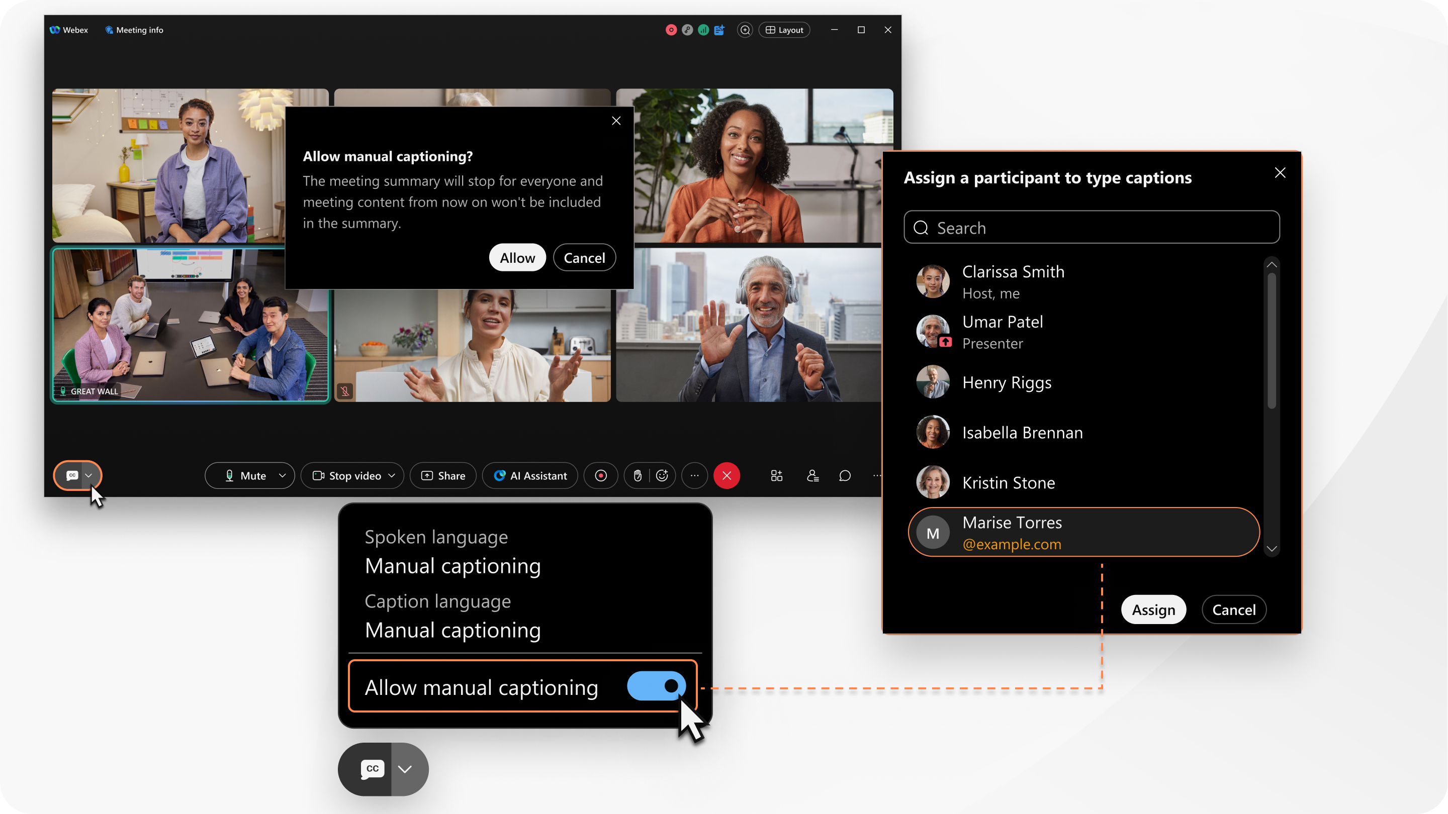 a user interacting with the ‘Allow manual captioning’ option during a meeting to assign someone to type captions manually in real time