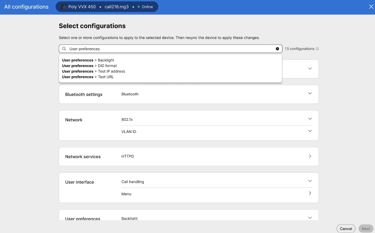 Search field in third-party device settings