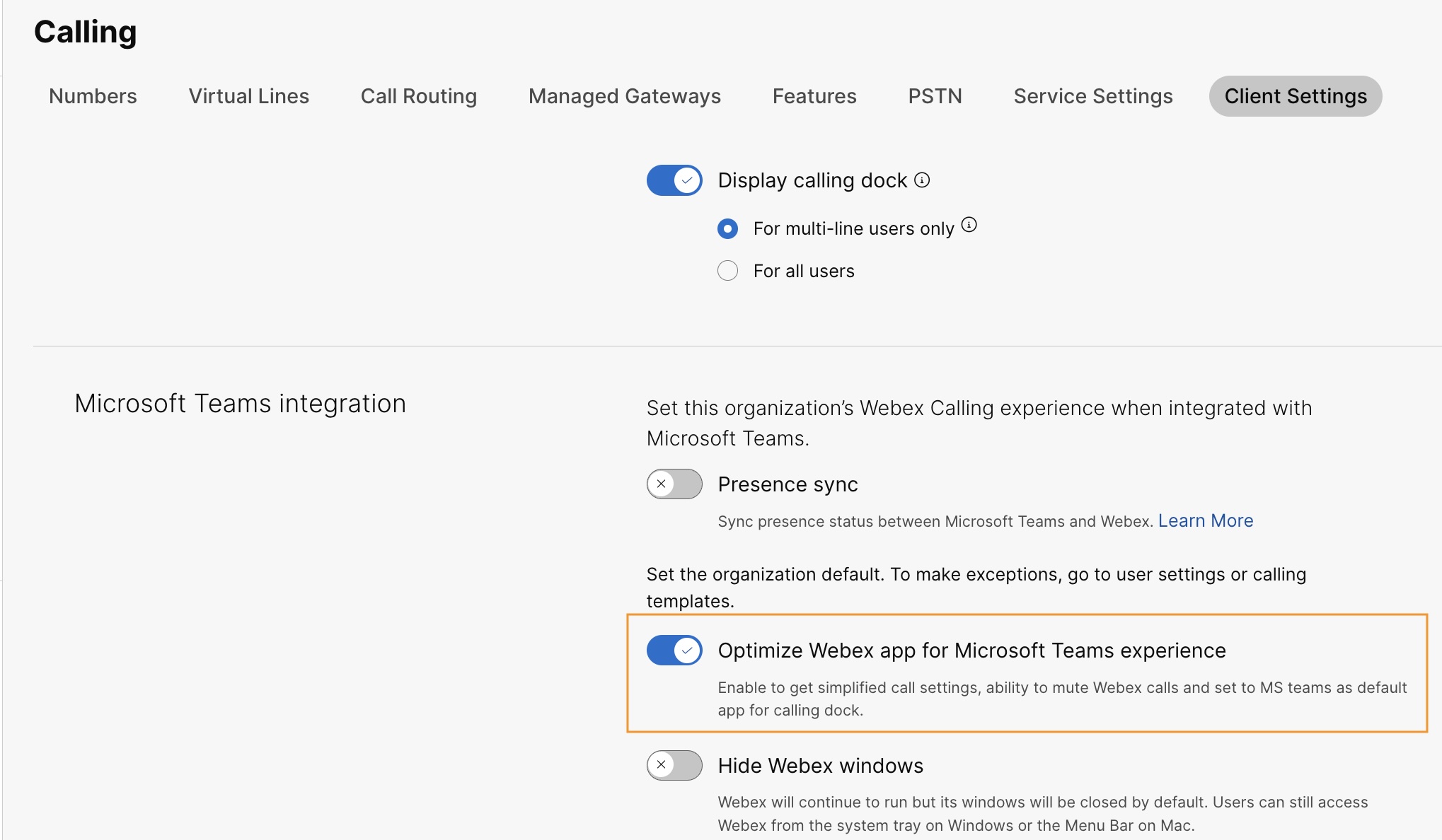 Optimize Webex App for Microsoft Teams experience option is highlighted under microsoft teams integration