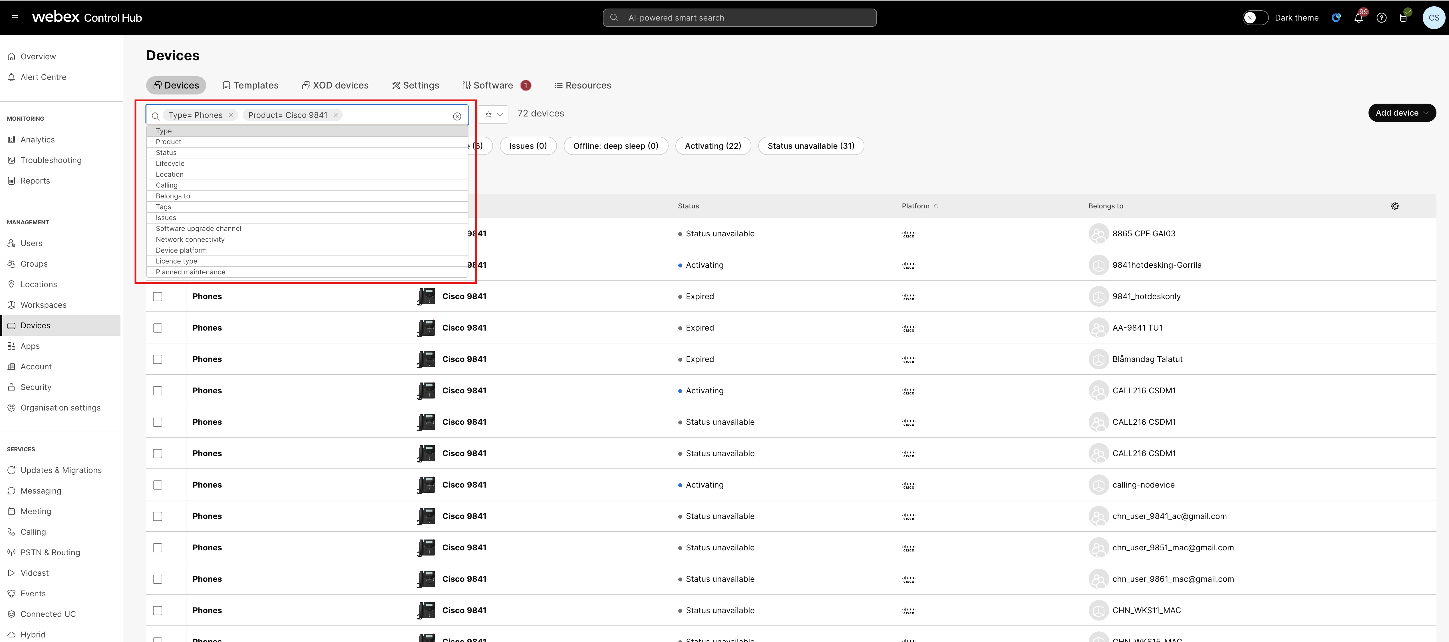 Enter search criteria to filter the required devices for resync