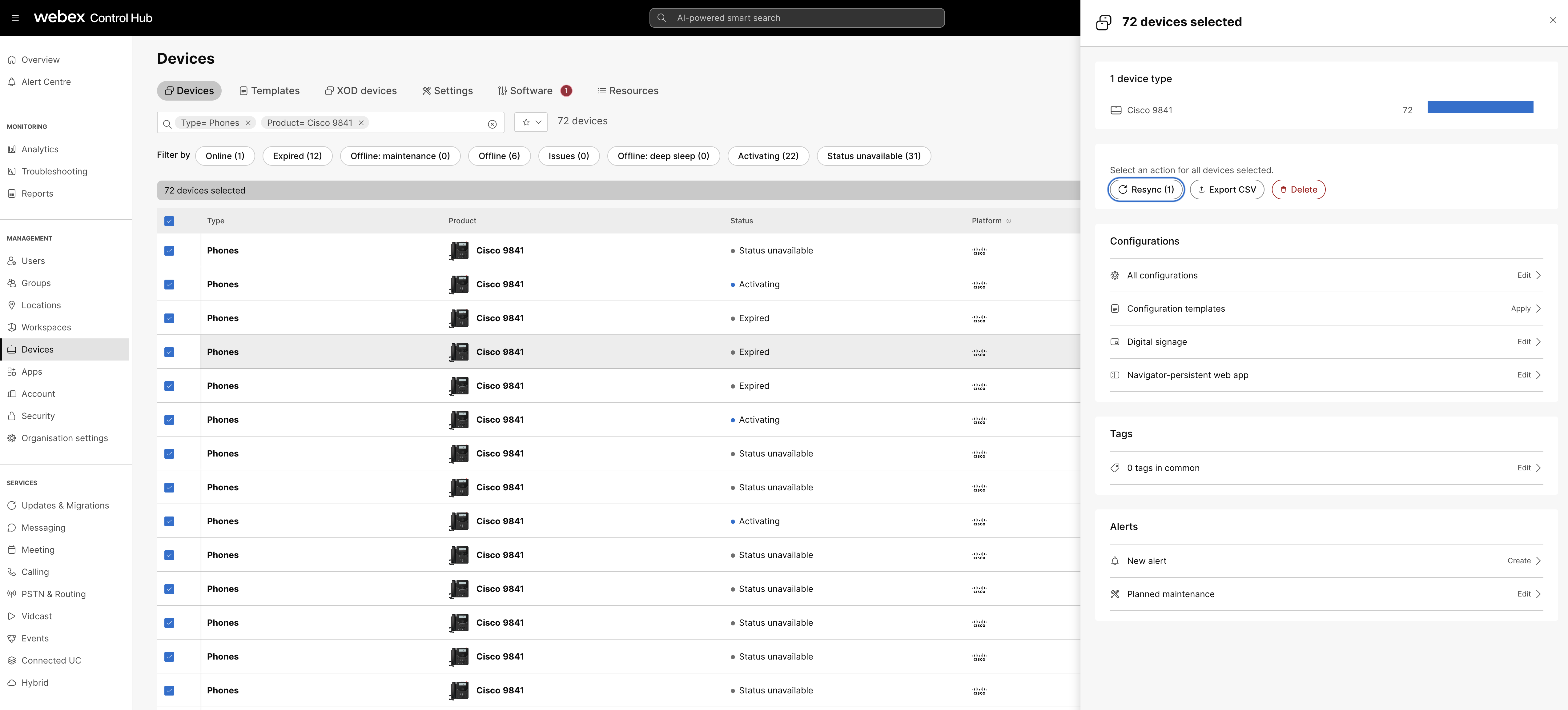 Devices are selected in Control Hub and sent for resyncronization