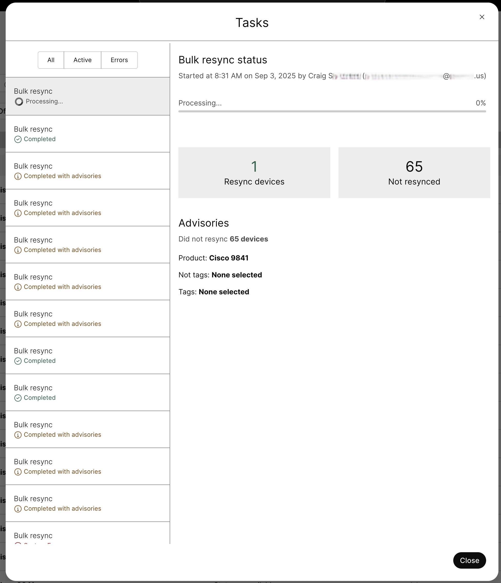 Task manager screen showing status of device resync