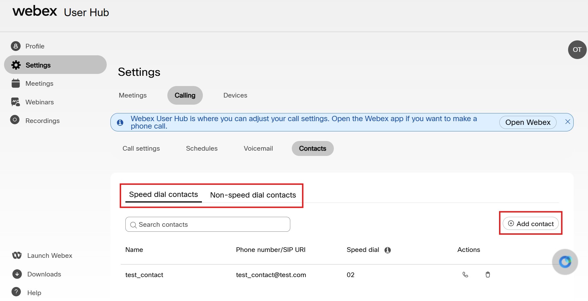 Adding contact in User Hub
