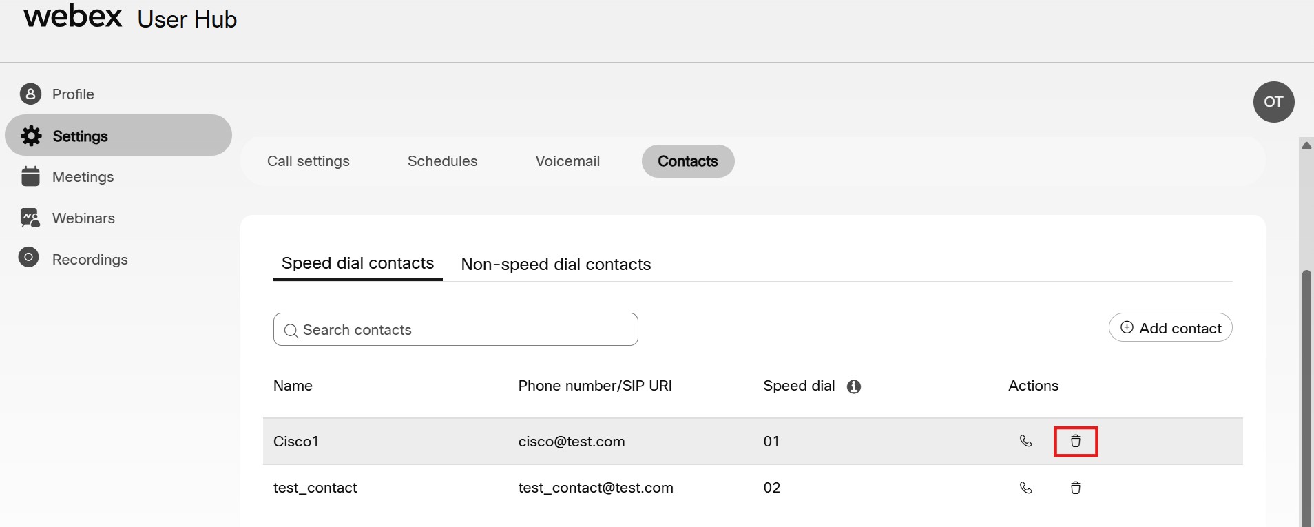 Delete a contact from User hub