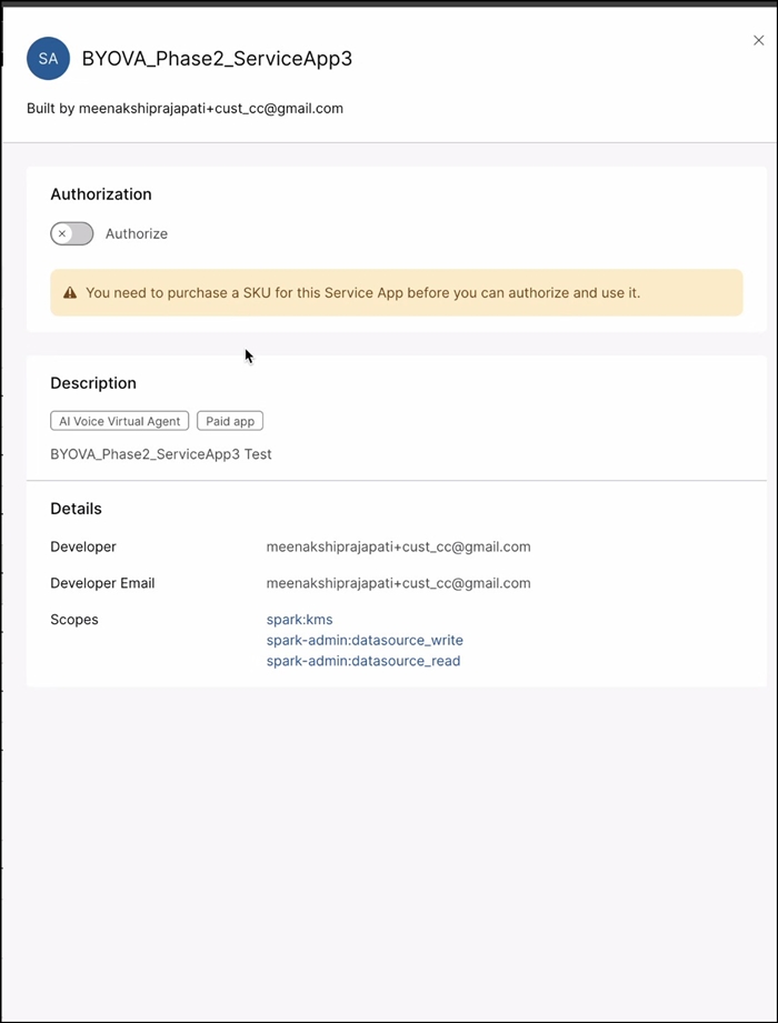 To authorize the service app you need to purchase the SKU for the service app.