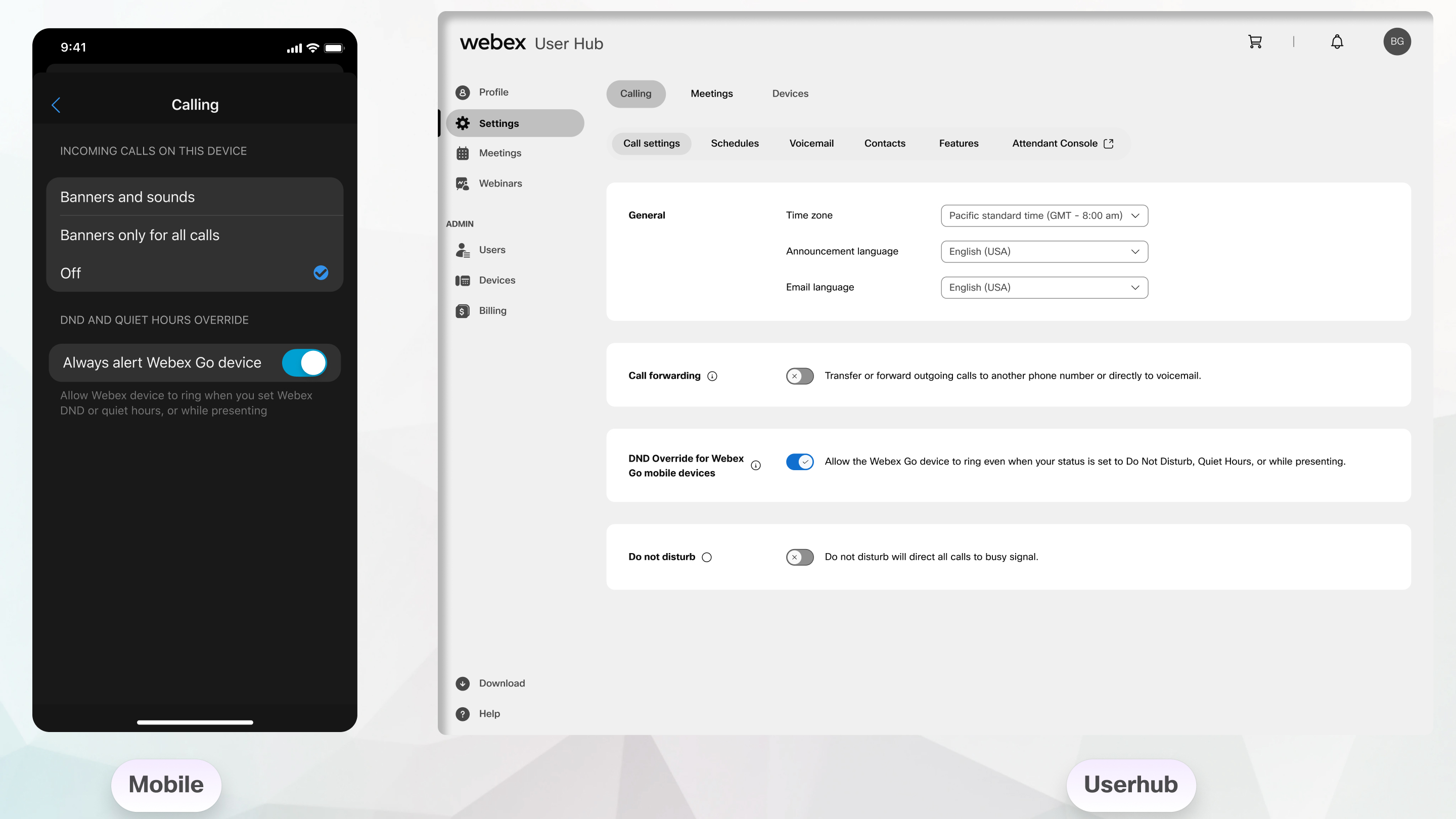 Webex settings screen showing DND override options for desktop and mobile views.