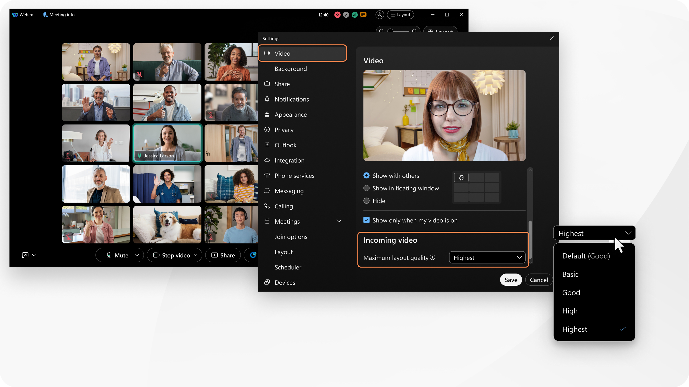 Ein Benutzer, der die maximale Layoutqualität für eingehende Videos in einem Webex-Meeting auswählt