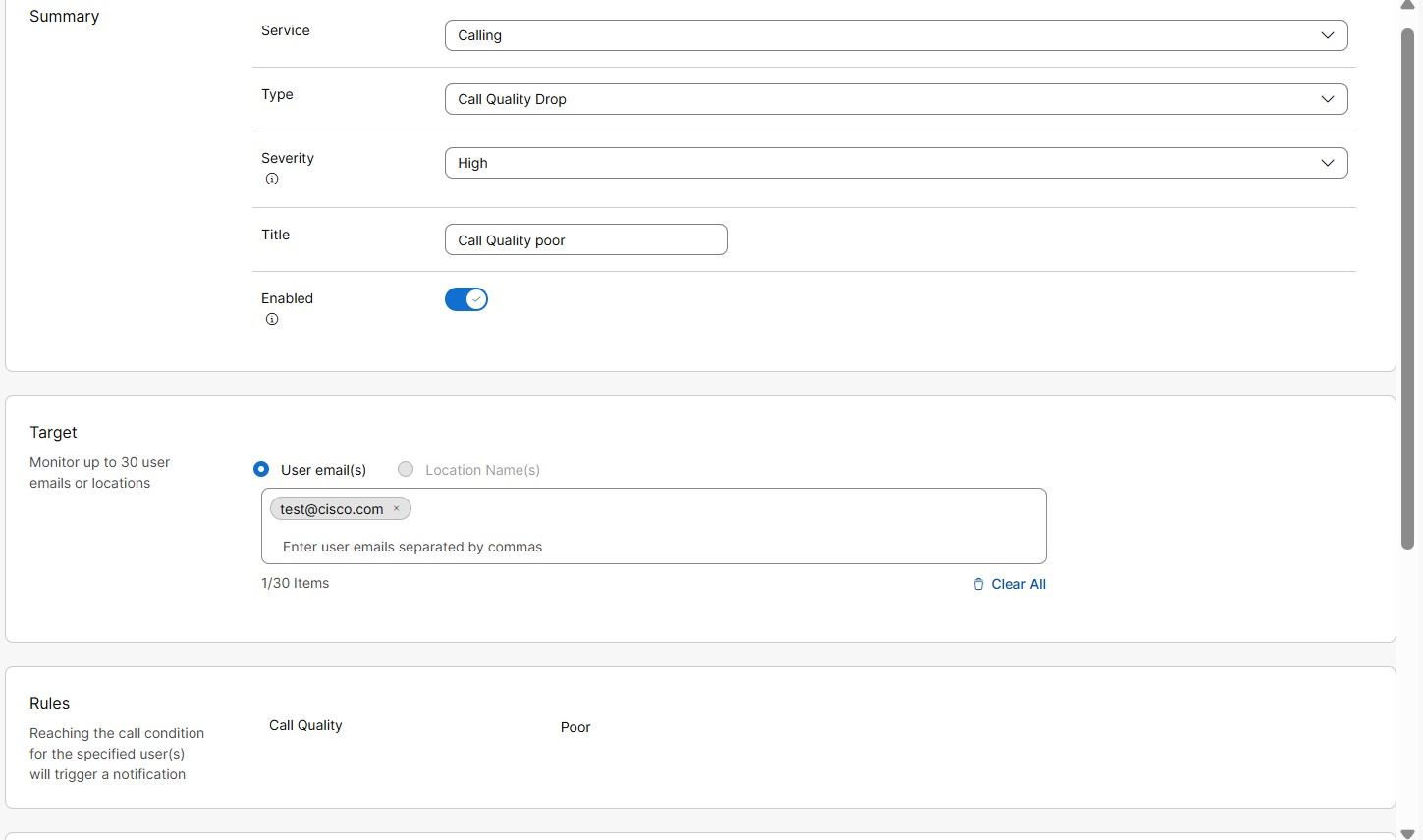 Call quality drop alert creation