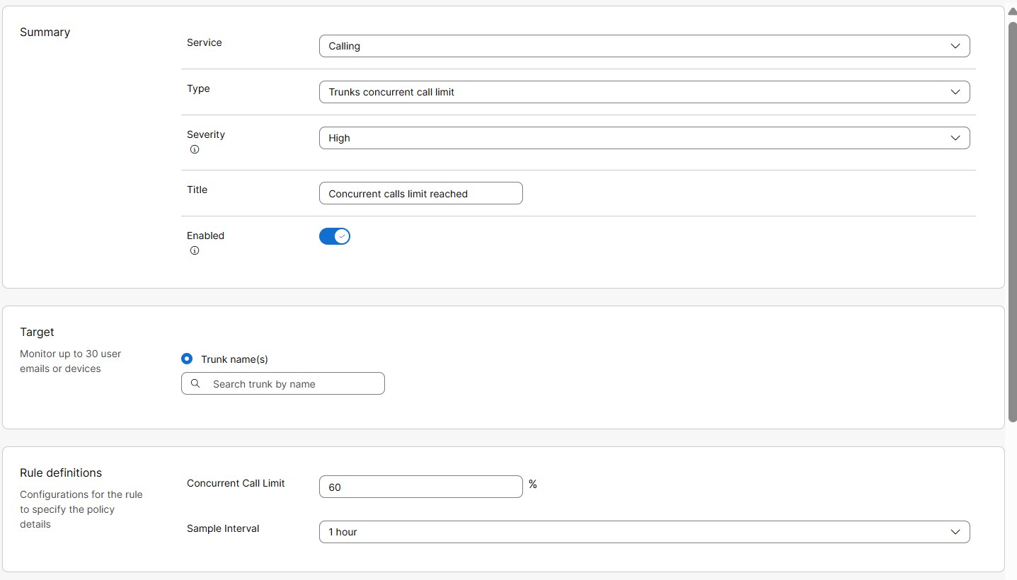 Trunks concurrent call limit alert creation