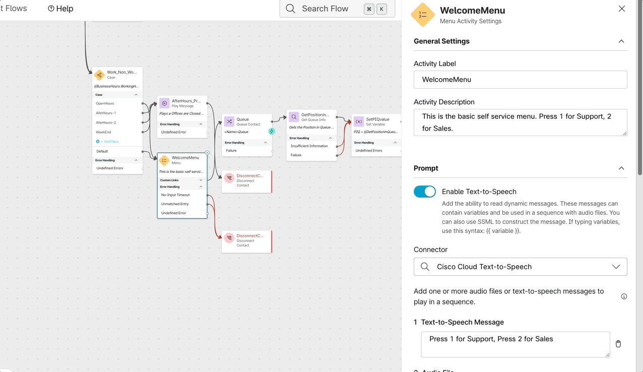Preview audio prompts in flows