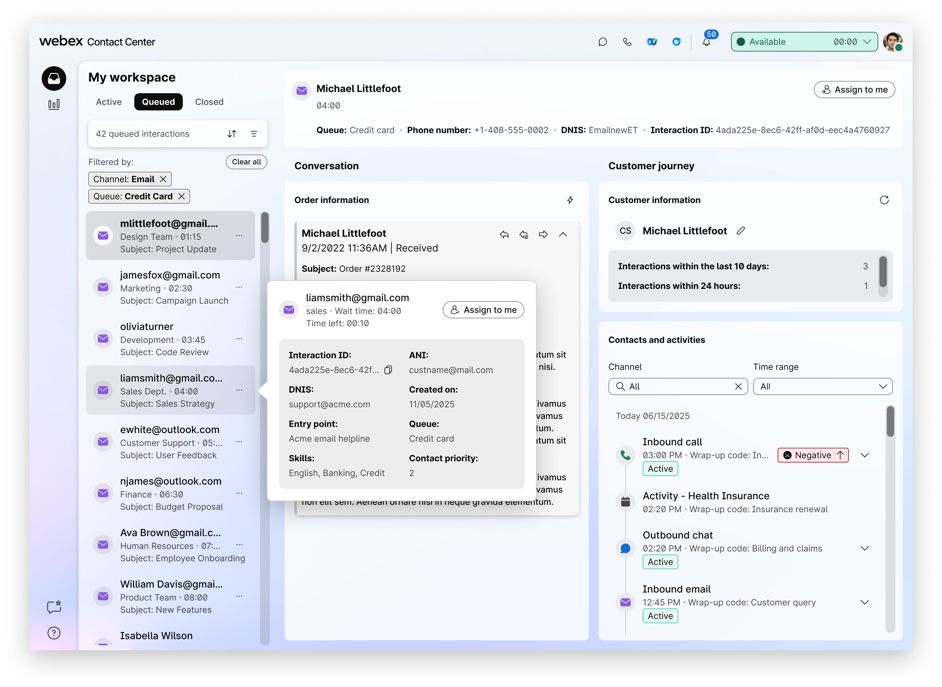 Webex Contact Center My Workspace window with customer email details