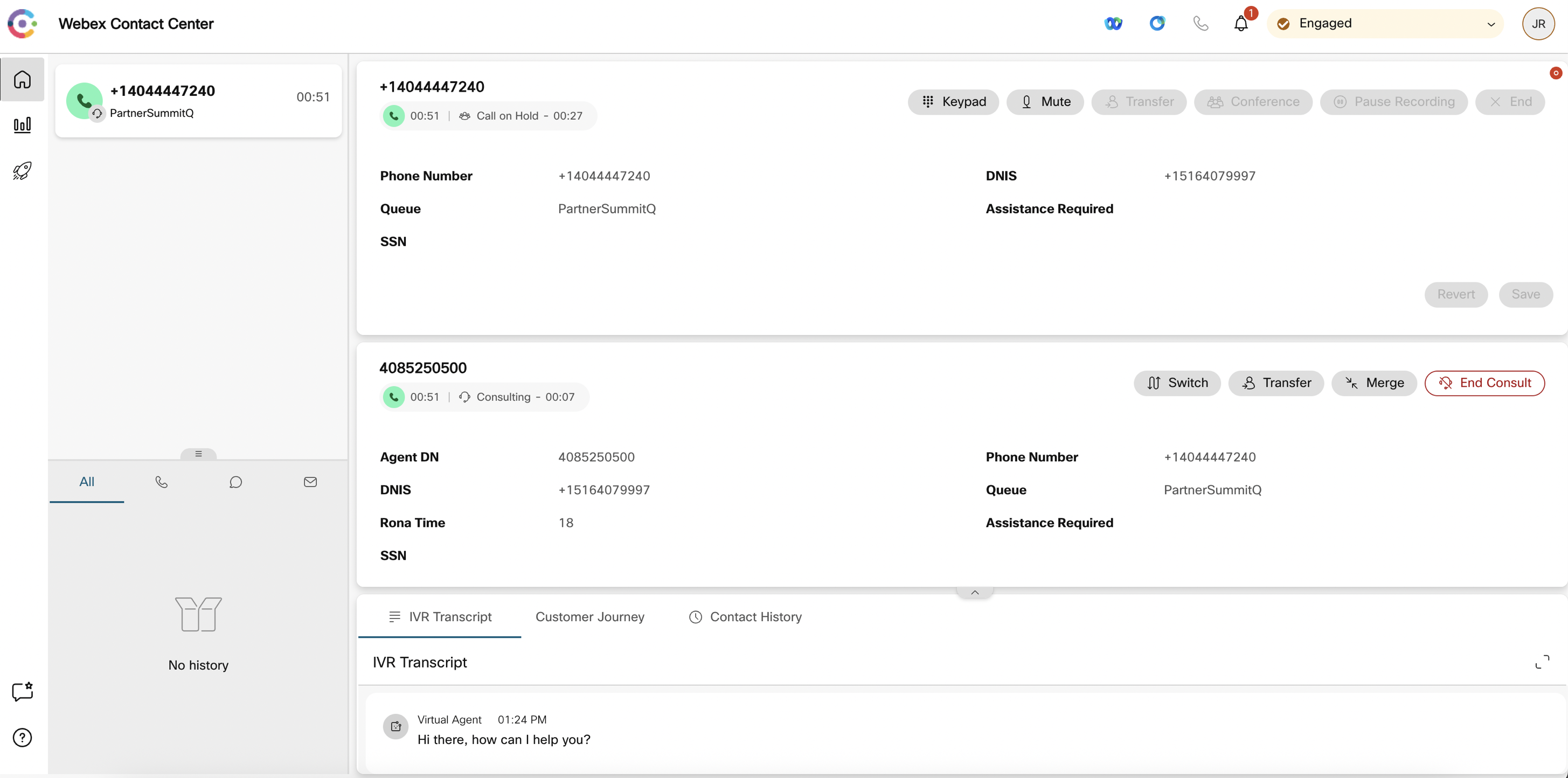 Webex Contact Center window with customer phone call info displayed