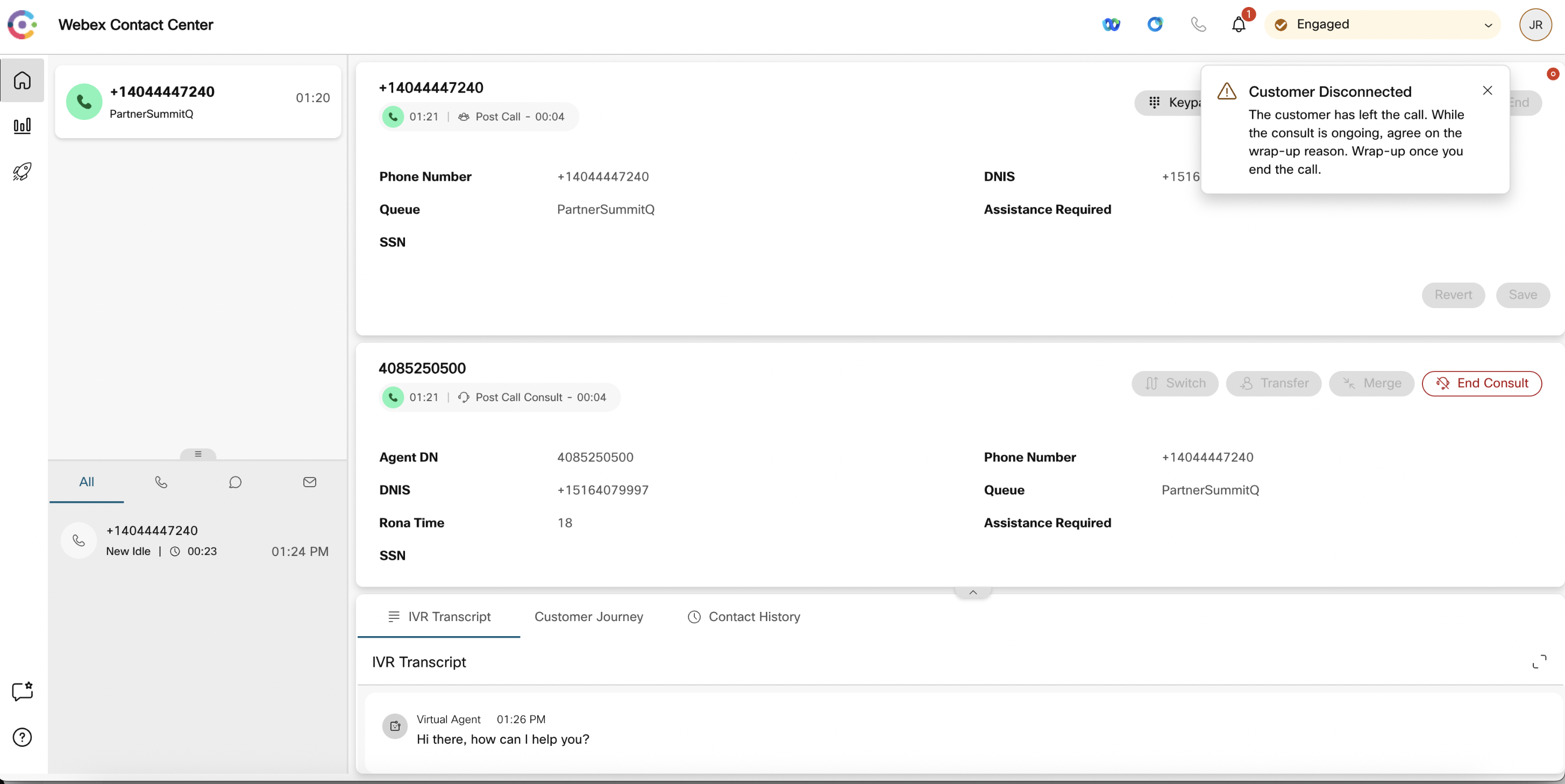 Webex Contact Center window with customer disconnected message displayed