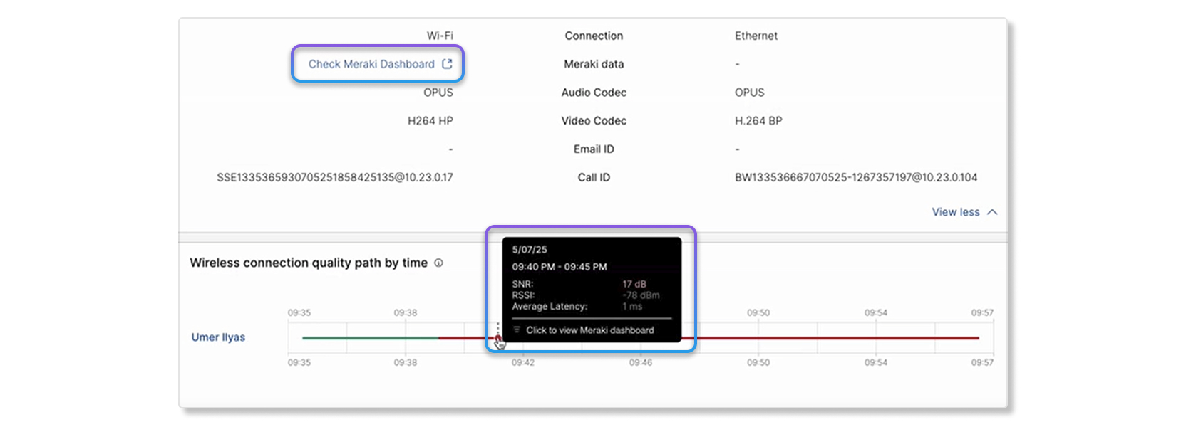 Example of Meraki Troubleshooting data for Webex Calling in Control Hub