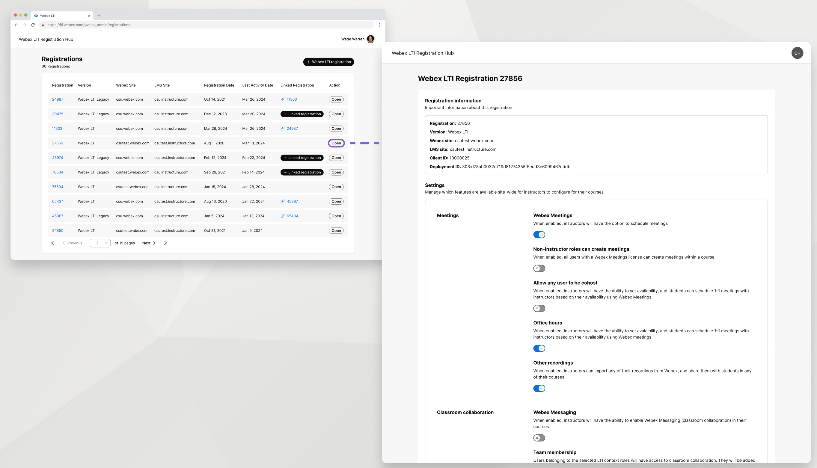 webex lti registration hub, open action button highlighted, webex lti registration detail page enlarged, showing registration information and settings