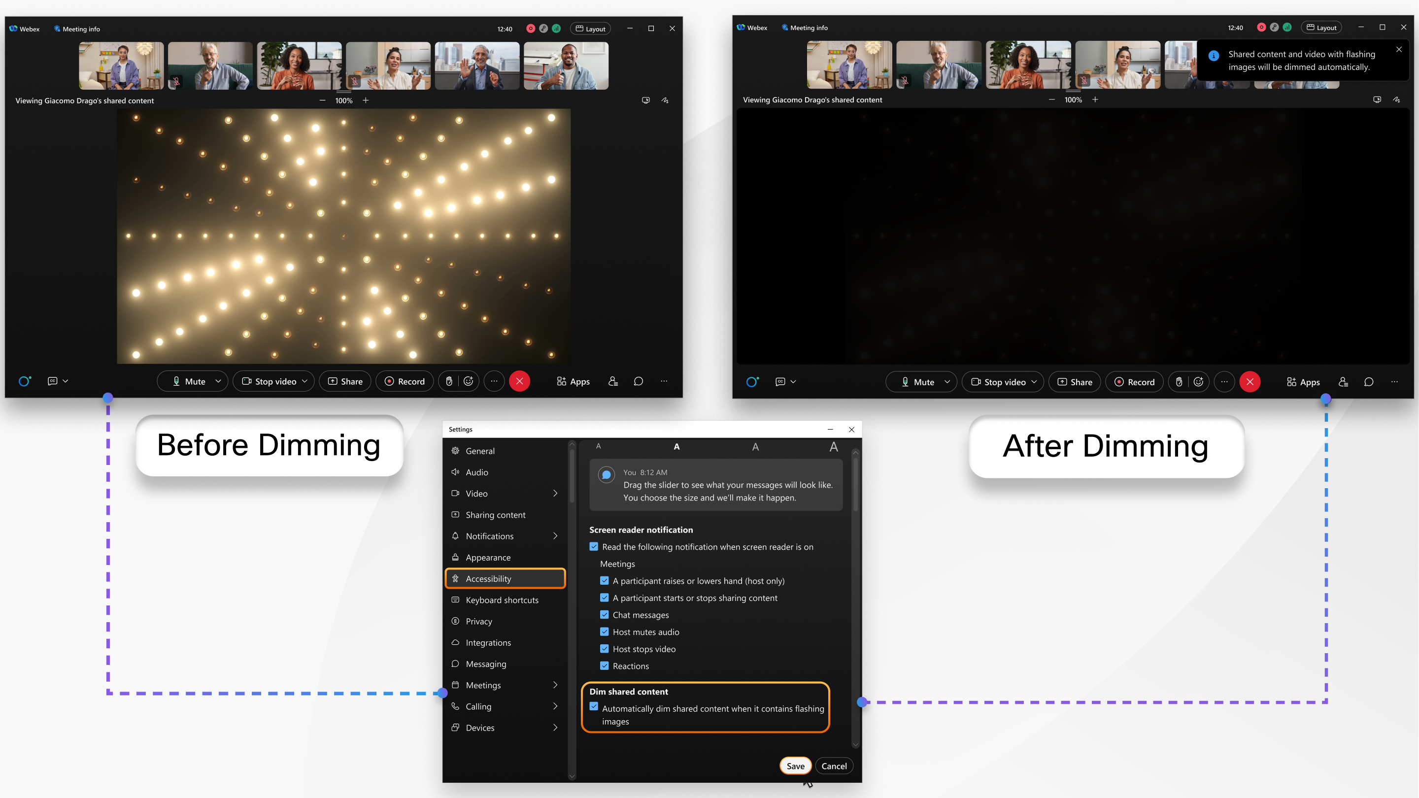 Dim flashing videos and images shared in a meeting
