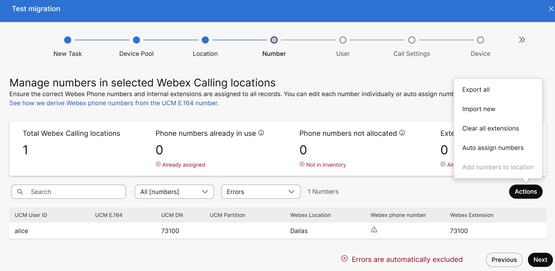 Manage Numbers in Location screen