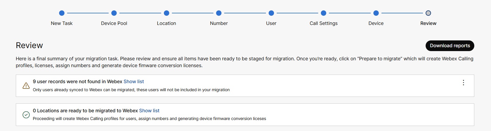 Migration review page