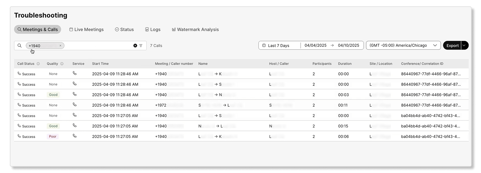 Searched calls in Troubleshooting in Control Hub