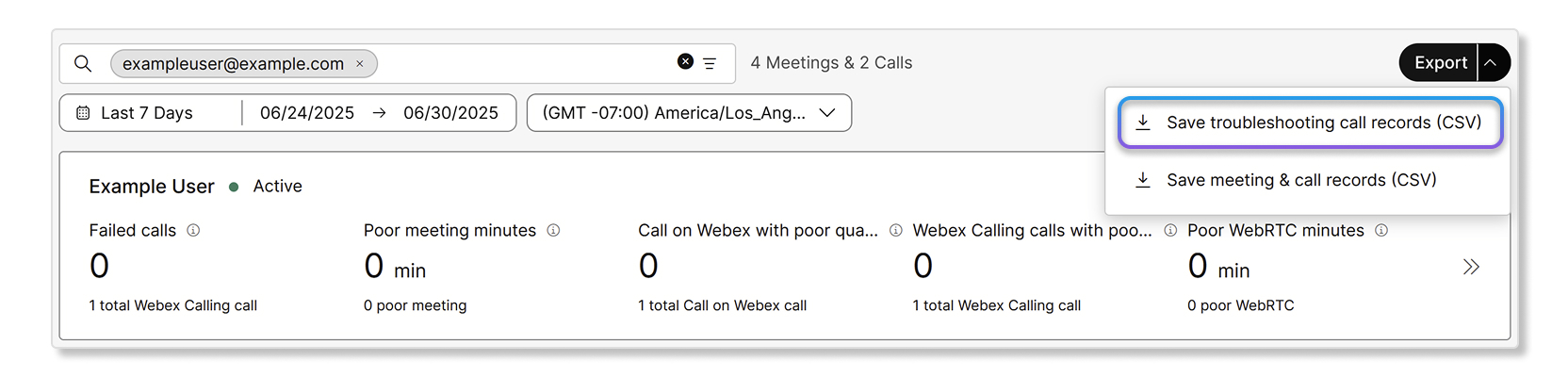 Highlighted Export button for searched calls in Troubleshooting in Control Hub
