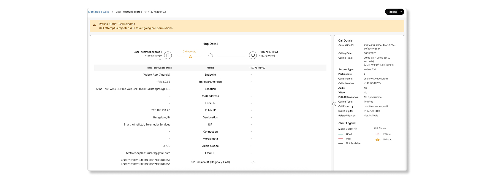 Hop detail view with a call rejected refusal code in Troubleshooting in Control Hub