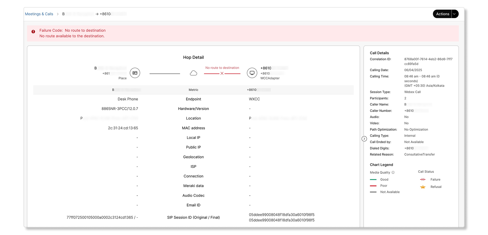 Failure code: no route to destination error code example for a call in Troubleshooting