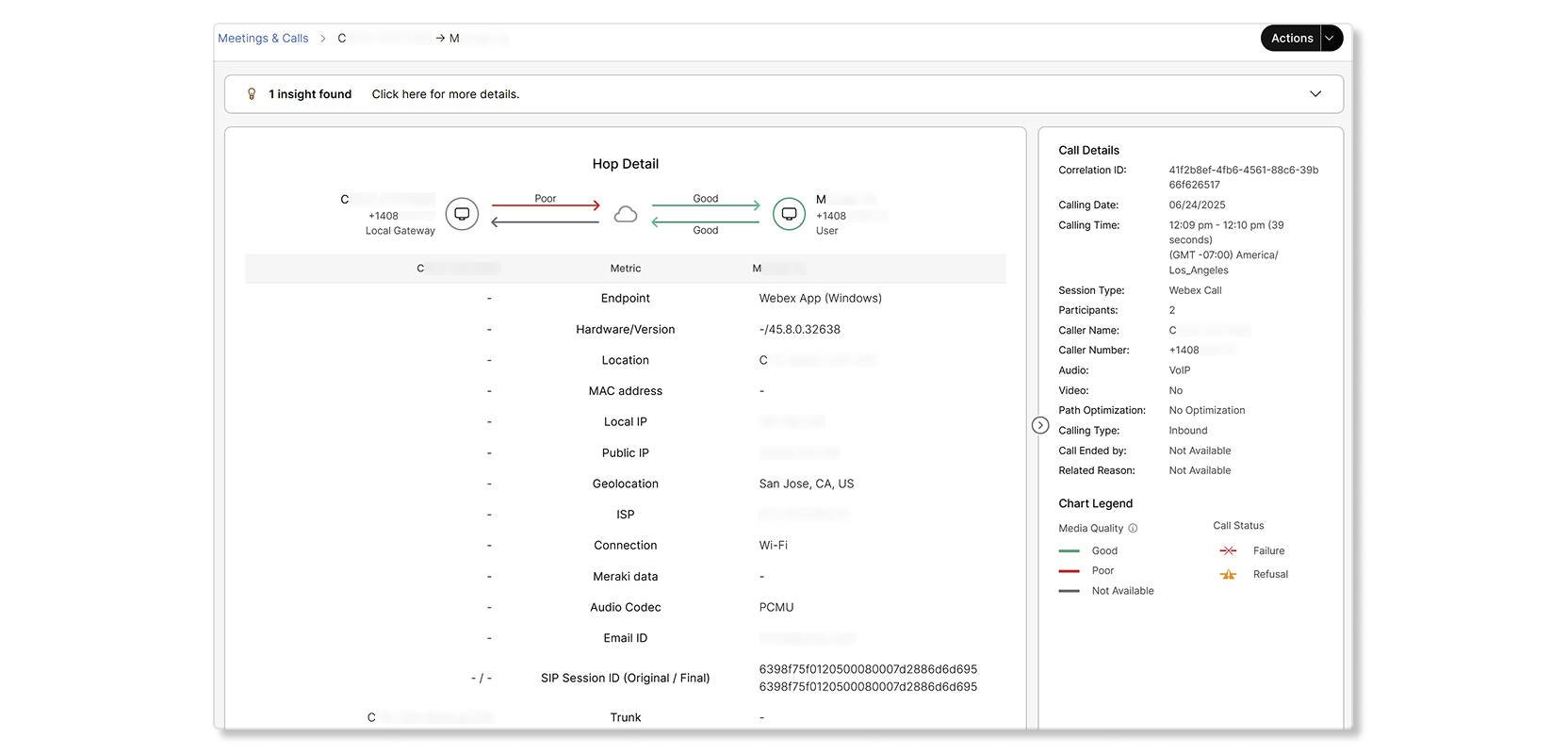 Example of a Webex Calling call's hot details in Troubleshooting