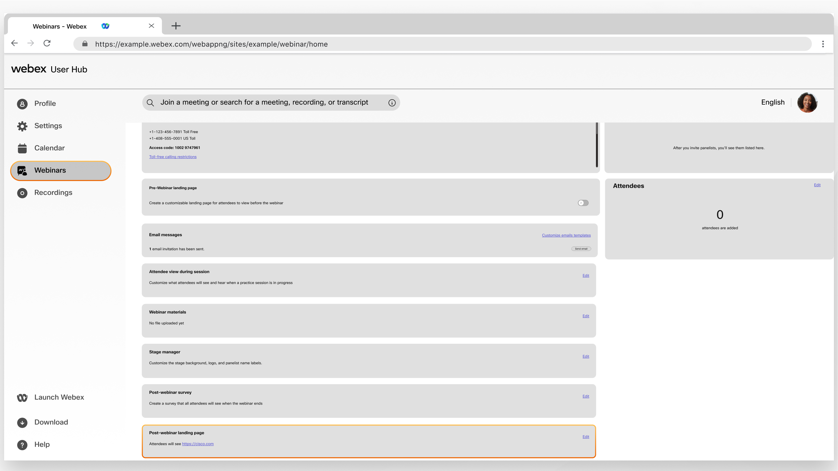 Redirect attendees to a landing page after a Webex webinar ends