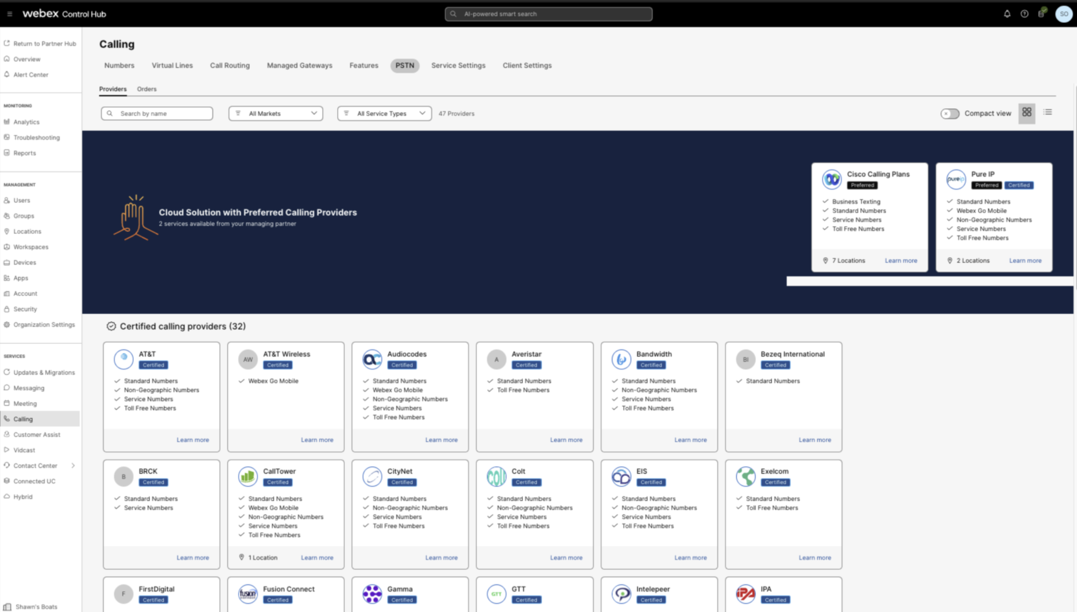 Certified calling providers list in Webex Control Hub with preferred provider options.