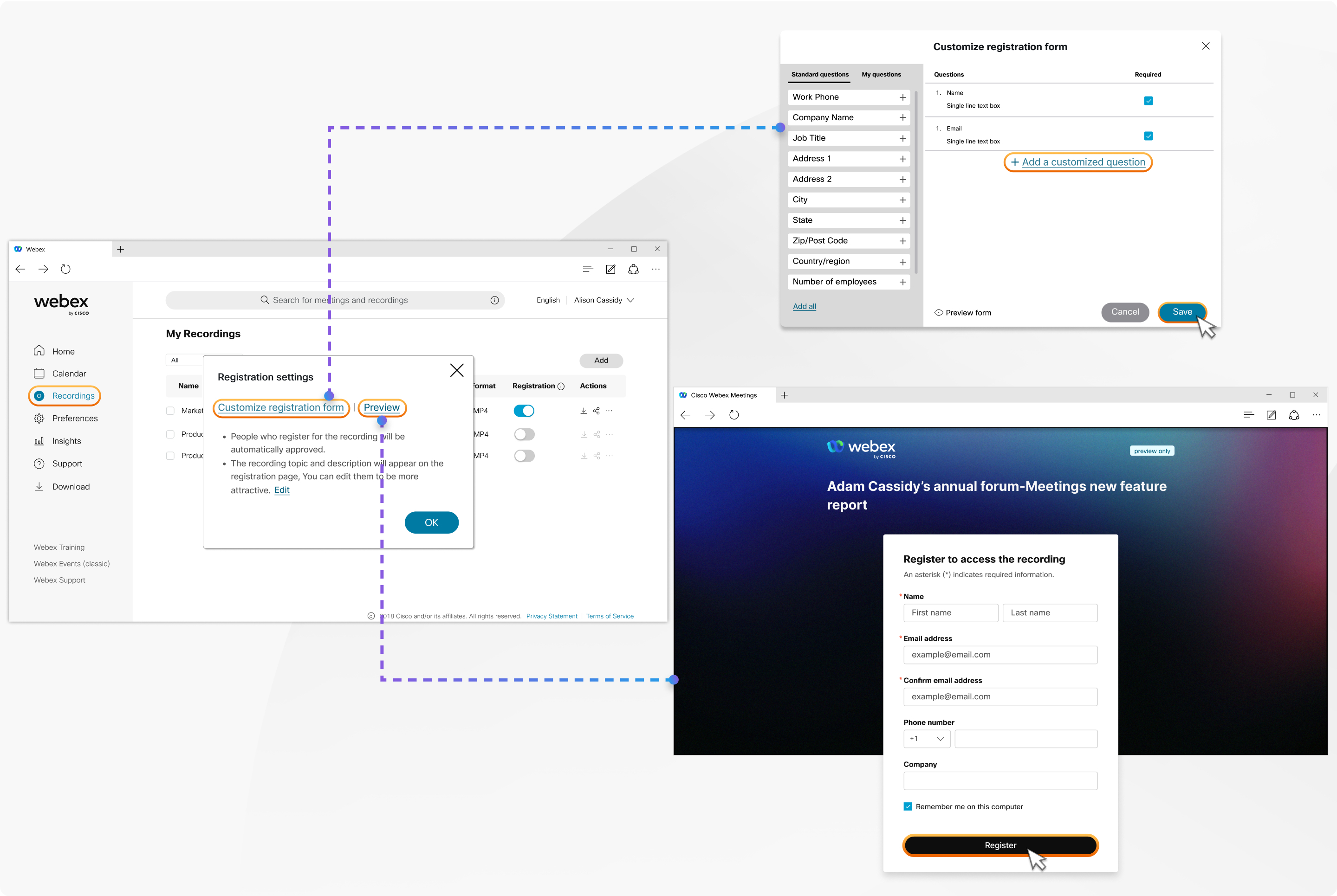 Enabling registration for recordings in Webex Meetings and Webinars