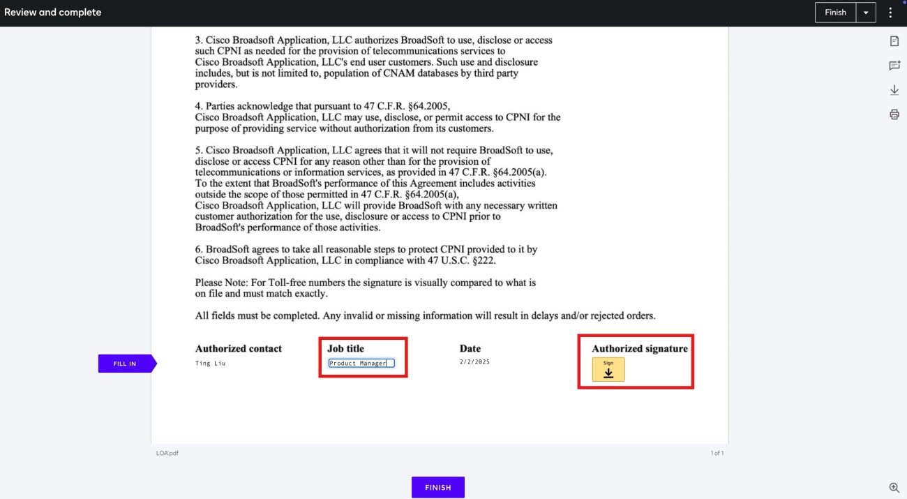 Authorized signature section in LOA agreement