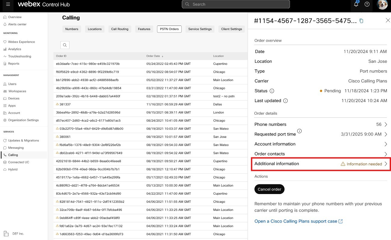 Order details screen