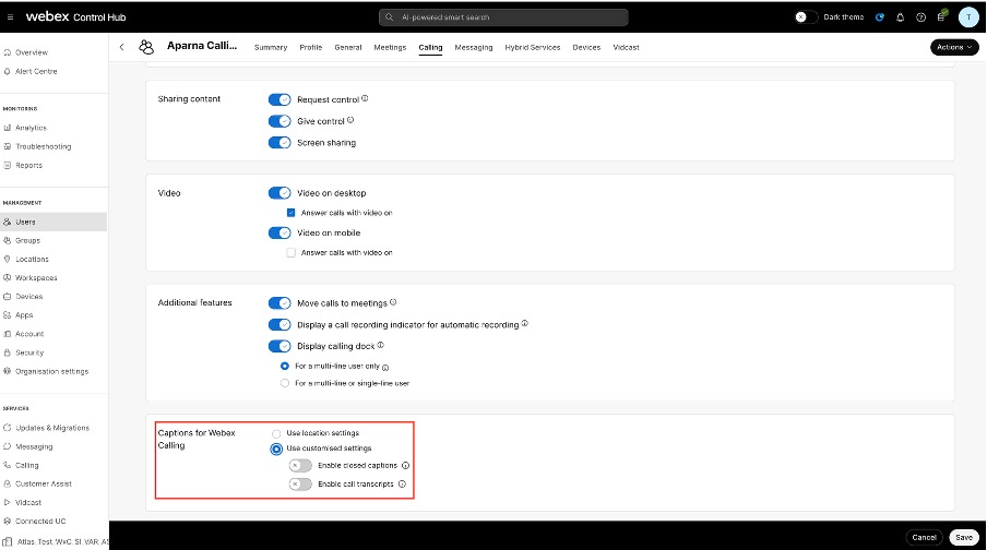 Enable closed captions and call transcriptions at user level