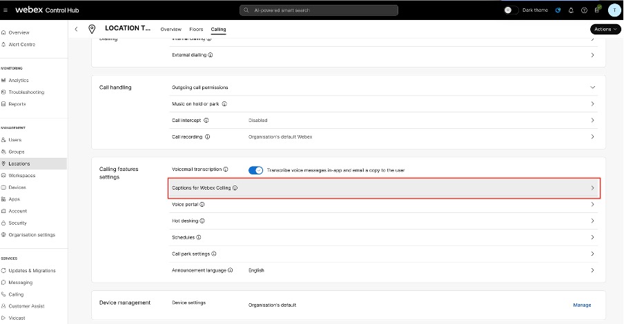 Enable closed captions and call transcriptions at location level