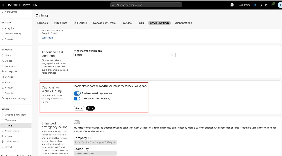 Enable closed captions and call transcriptions at organization level