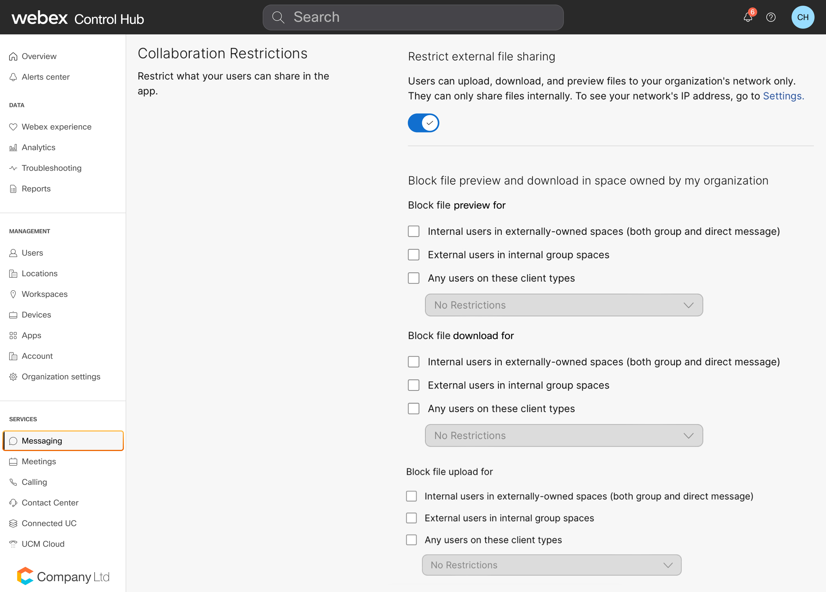 A screenshot of the Collaboration Restrictions settings page with options to restrict external file sharing and block file preview, download, and upload.