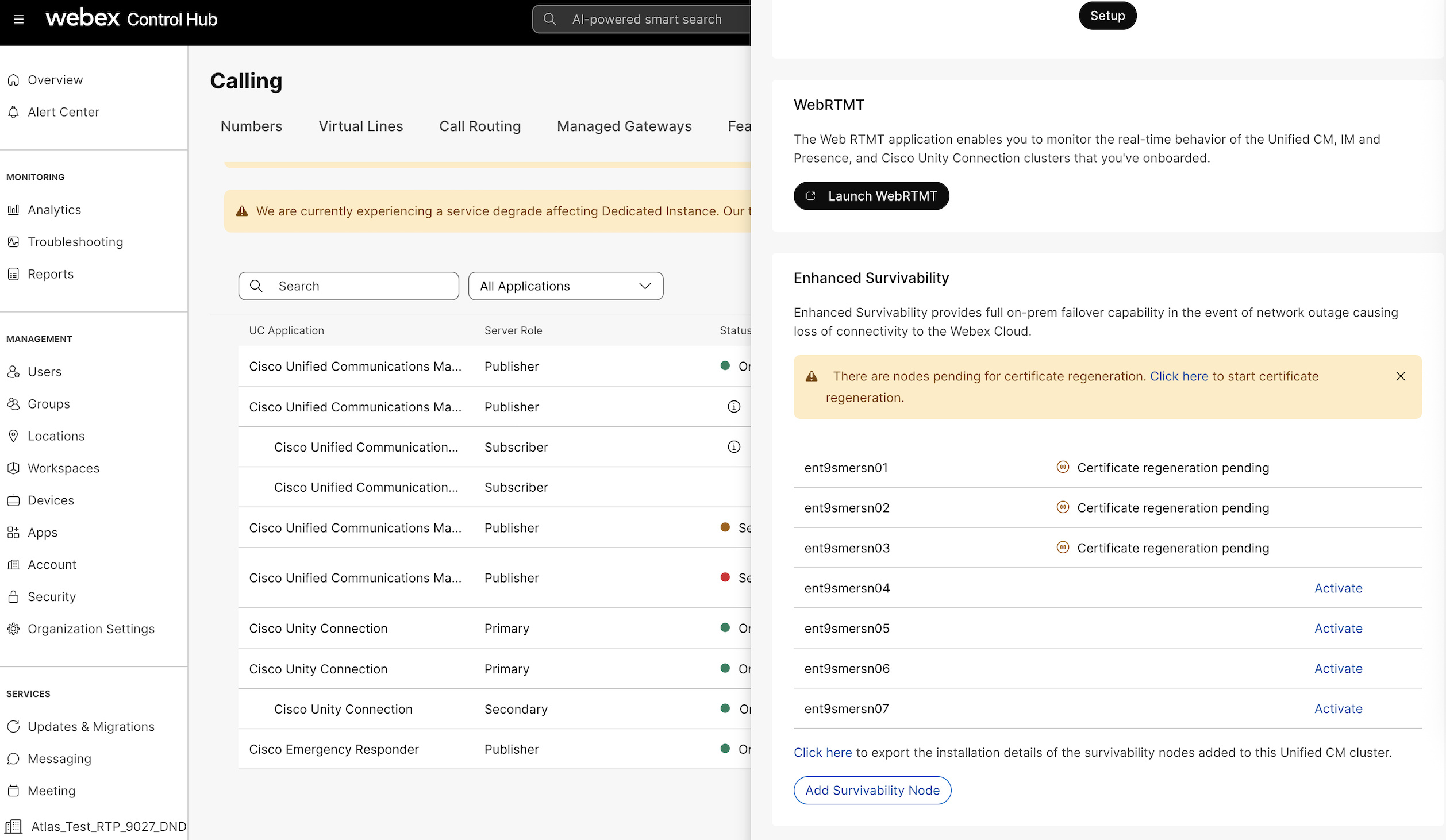 The multiple ESN nodes with certificate regeneration pending status.