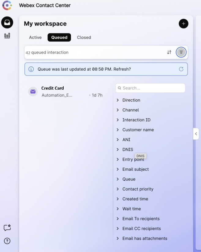 This image shows various filters to search interactions in Agent Workspace.