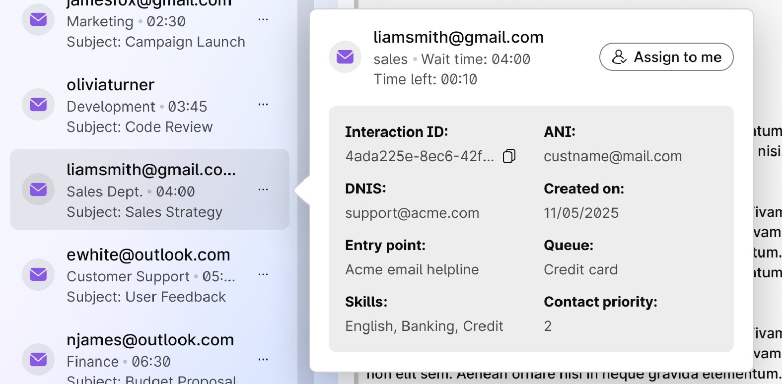 Self assignment modal showing details of the chosen interaction.