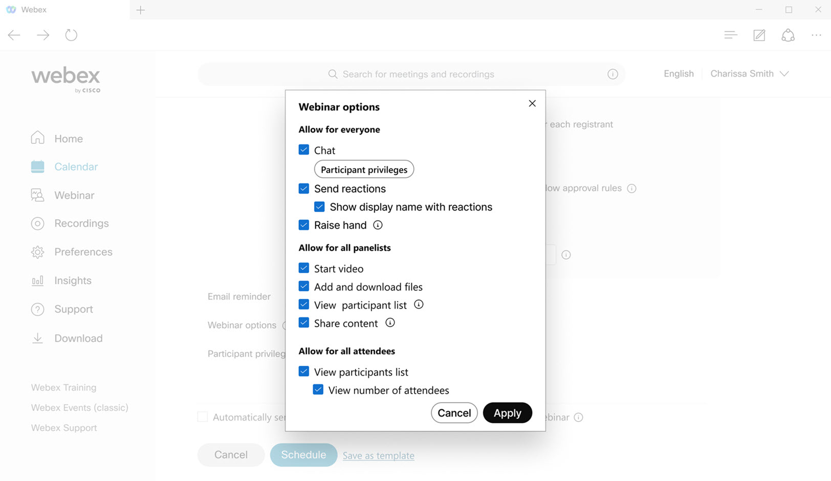Chat participant privileges in a webinar