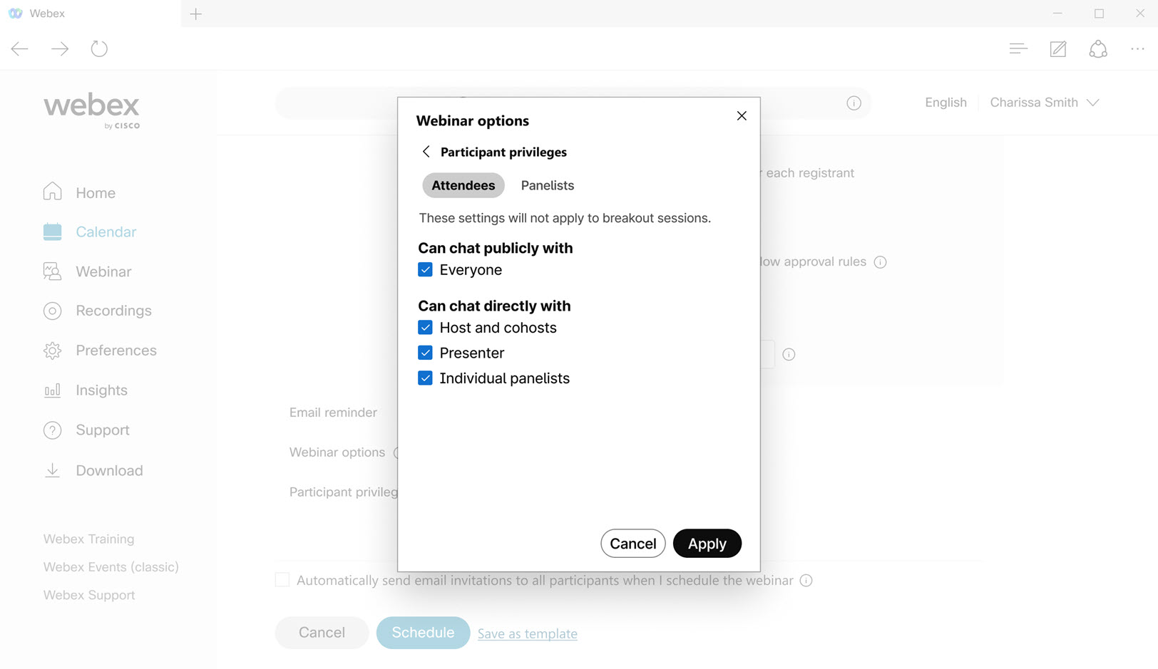 Chat privileges for webinar attendees