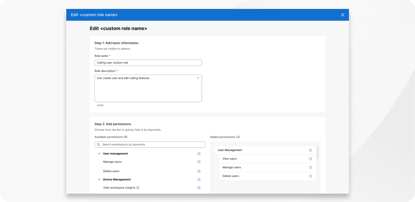 An example of the screen where you can customize administrator roles. In the first section, you enter a name and a description for the role. In the second section, you select which admin permissions you'd like to assign to the new role.