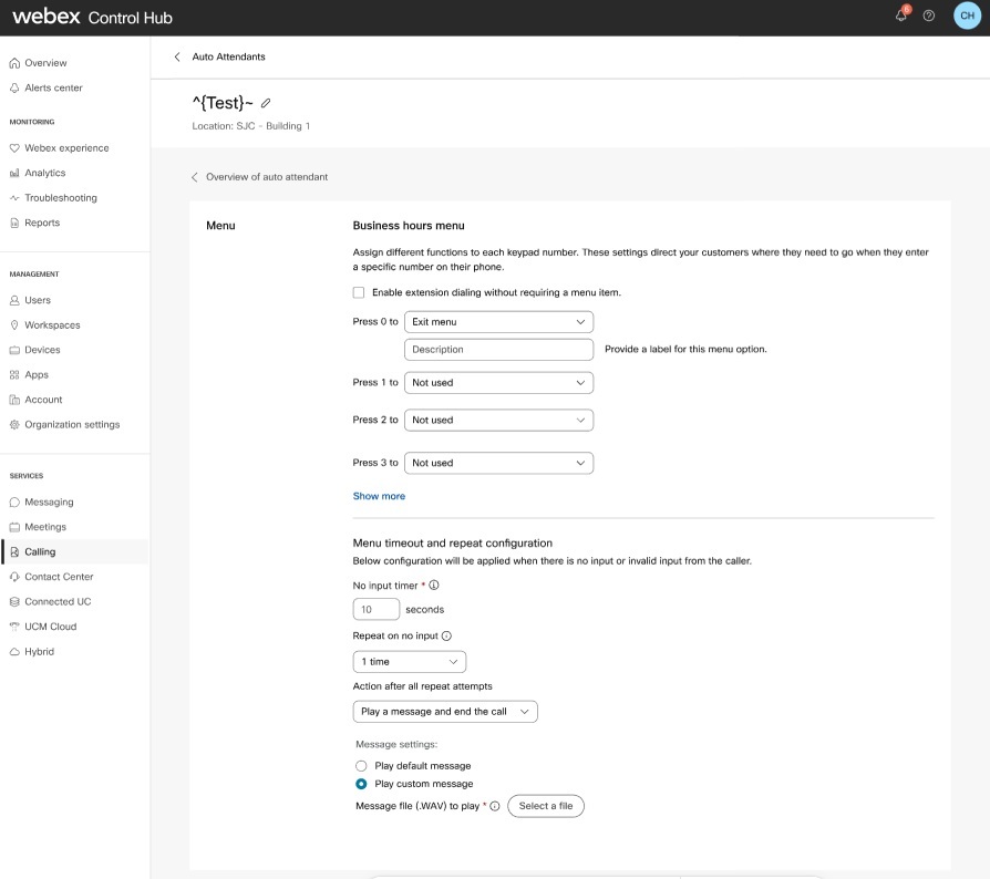Configure Business hours menu timeout and repeat option