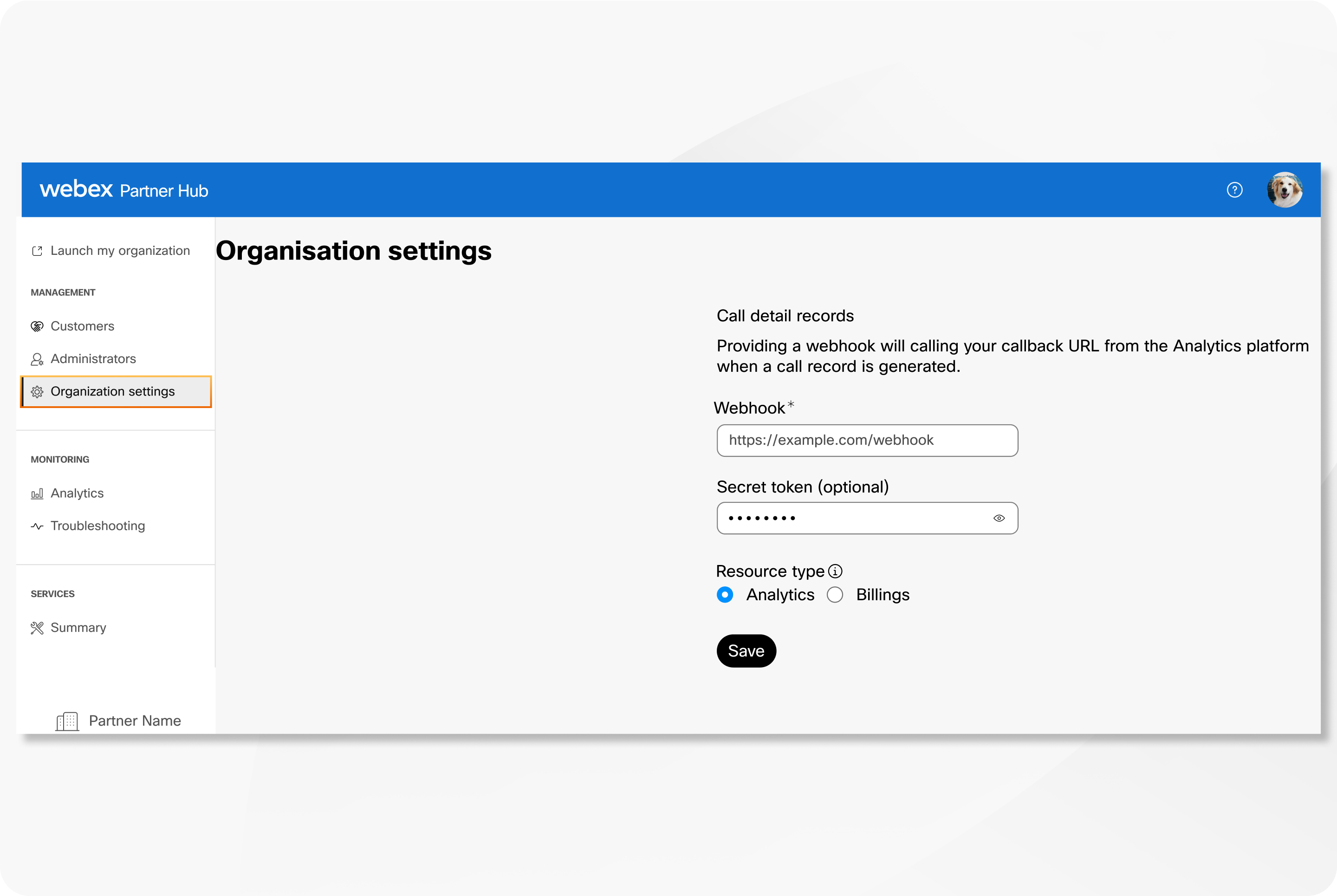 Screenshot of Organization Settings for Call Detail Records, displaying fields for Webhook URL, Secret token, and Resource Type with Analytics selected.