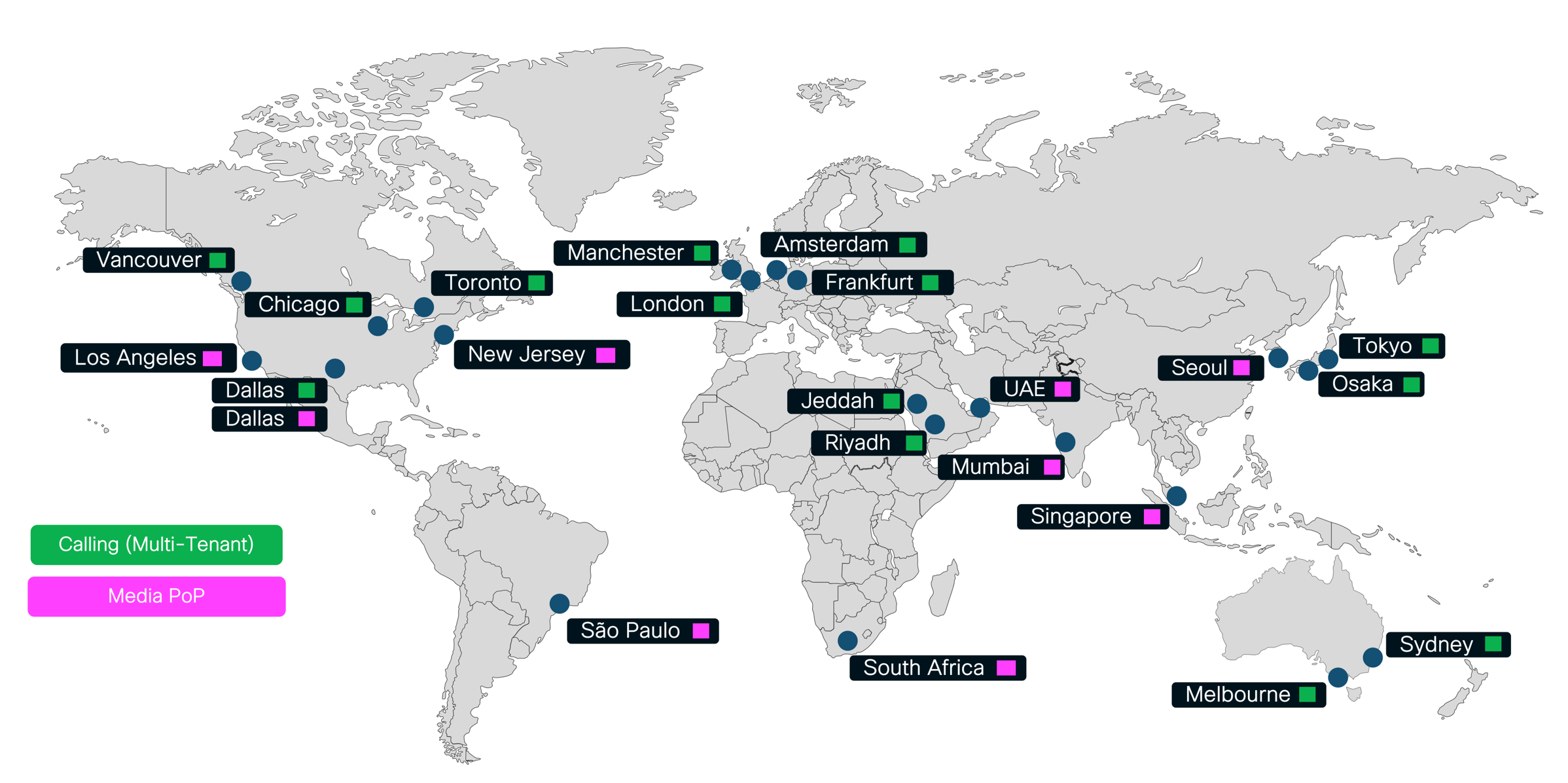 A map displaying global locations for Calling (Multi-Tenant) and Media PoP services, indicating a widespread network.