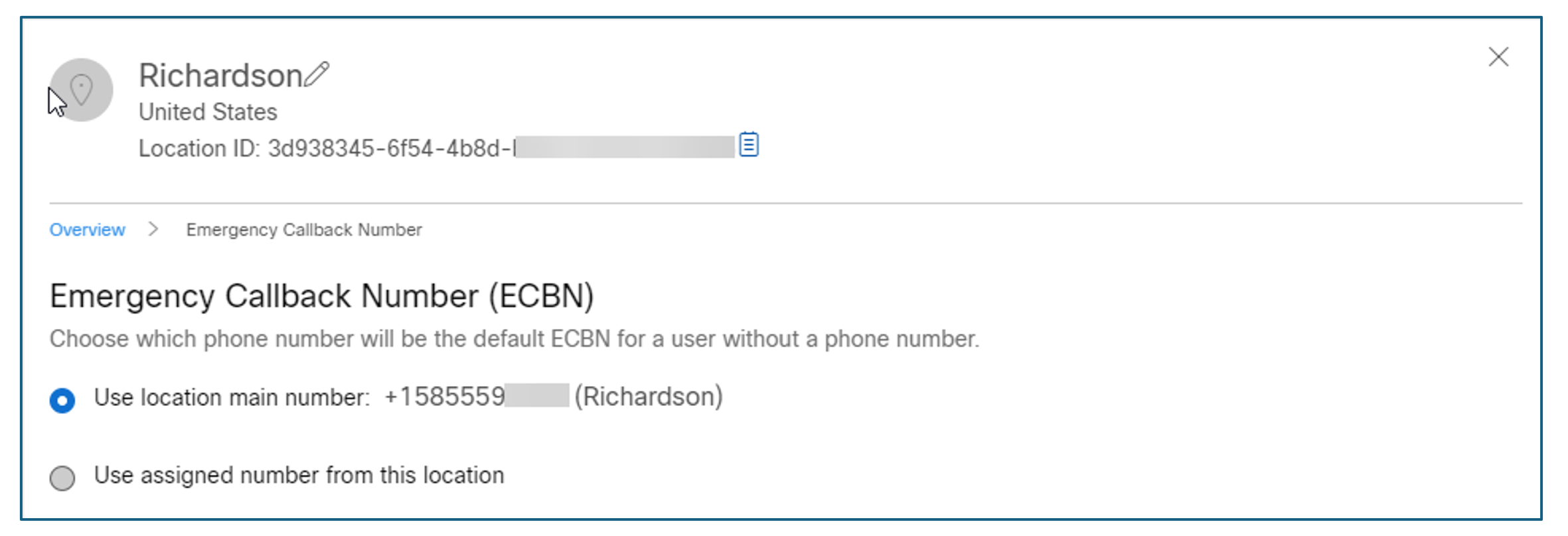 Configurazione del numero di richiamata di emergenza (ECBN), che consente di scegliere tra l'utilizzo del numero principale della sede o di un numero assegnato.